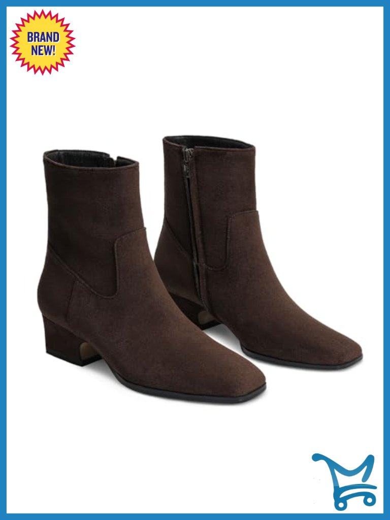 Women's Square Toe Low Chunky Heel Ankle Booties With Side Zipper